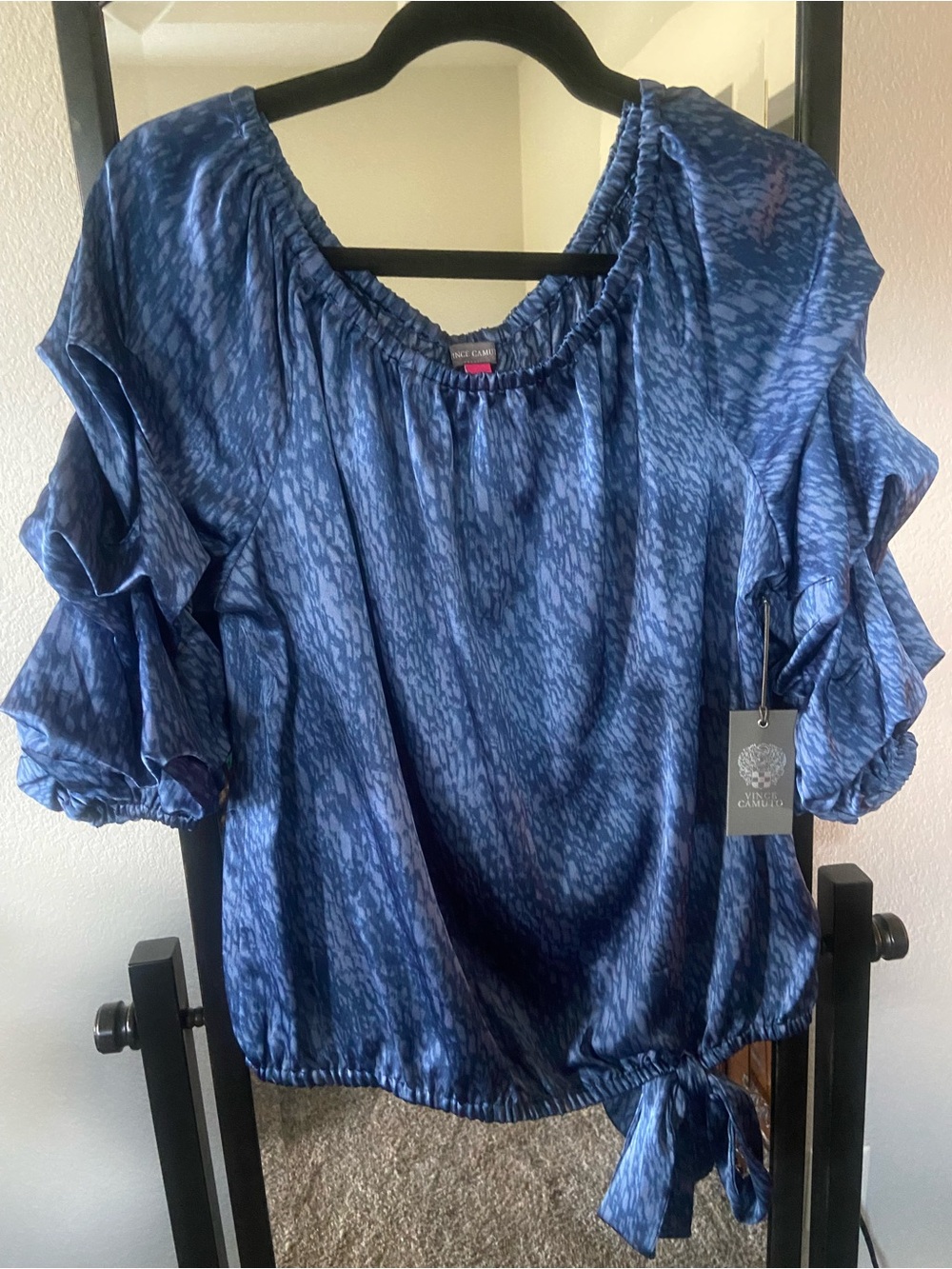 Vince Camuto Blue Printed Ruffle Sleeve Tie-Hem Blouse